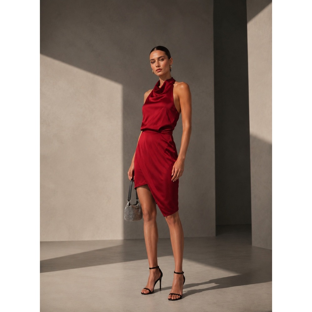 Elliatt Halter Cocktail Dress Women S Red Cowl Neck Asymmetrical Tulip Skirt